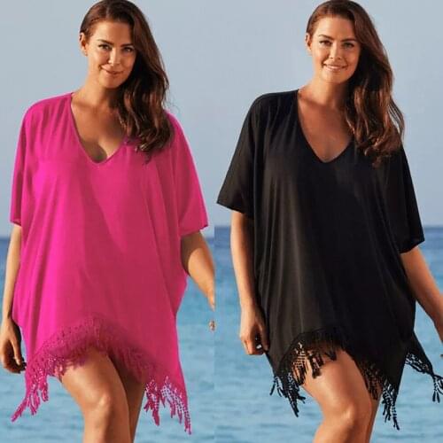 Plus Size L-3XL Women Ladies Short Sleeve V Neck Solid Color Casual Loose Beach Holiday Mini Dress Tassel Bikini Cover Ups