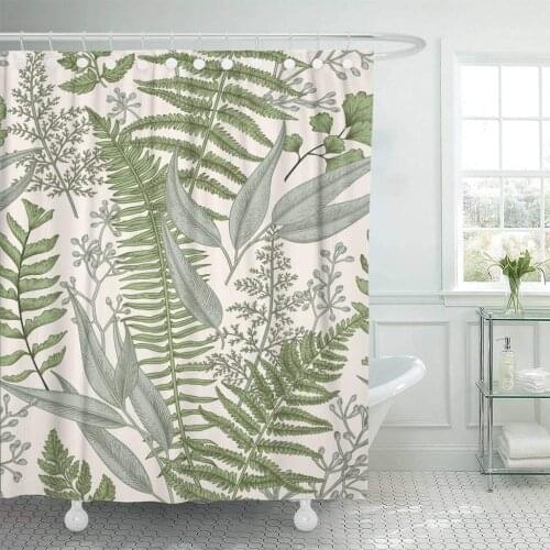 Fabric Shower Curtain with Hooks Green Fern Floral Pattern In Vintage Style Leaves and Plants Botanical Classic Drawing