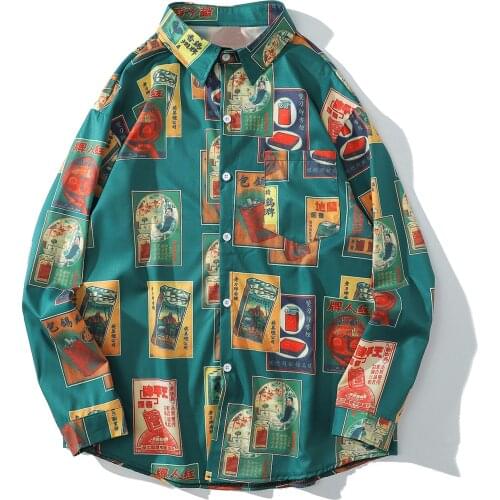 Vintage Poster Print Hawaiian Beach Shirts 2020 Harajuku Streetwear Vintage Poster Print Long Sleeve Shirt Men Cotton Loose Tops
