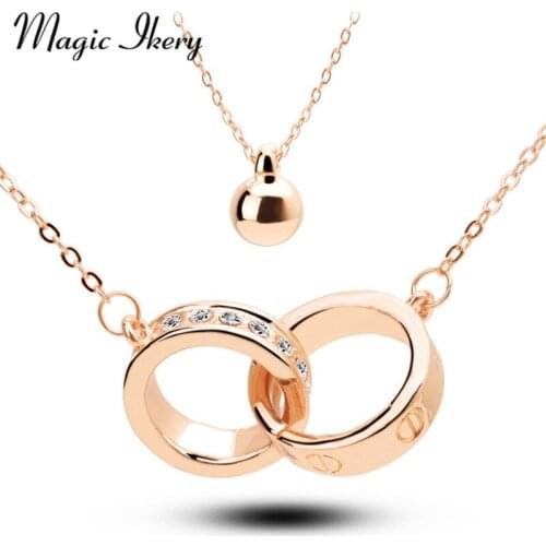 Magic Ikery Gold Color Crystal Double Circle Long Short Round layered Necklaces Pendants Fashion Jewelry for women MKY5127