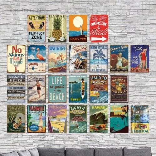 Beach Tin Sign Retro Metal Plaque Vintage Summer Hawaii Wall Sign Beach Decor for Beach Bar Beach House Seaside Decorative Plate