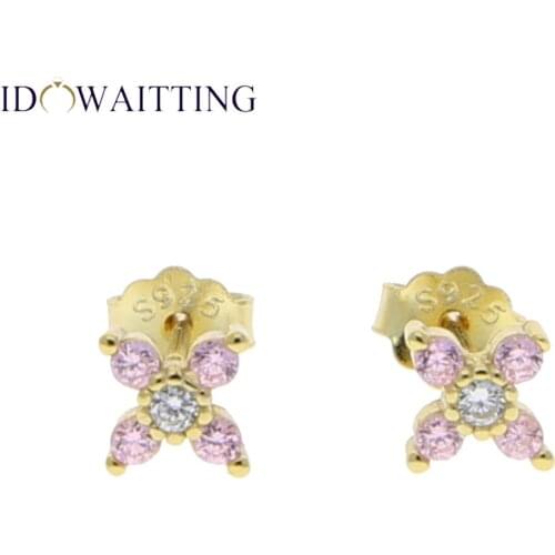 100% 925 sterling silver Minimal Delicate Colorful CZ Flower Small Dainty cz Beautiful Tiny Pink butterfly charm Earring Studs