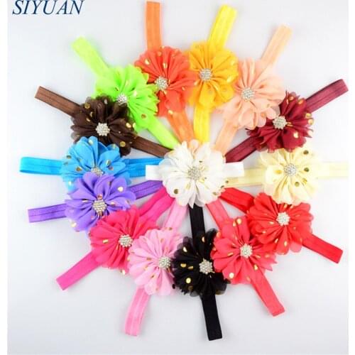 30pcs/lot Elastic Hair Band With Gold Polka Dotted Chiffon Flower Rhinestone In Center Girls Photo Prop Boutique Headband FDA218