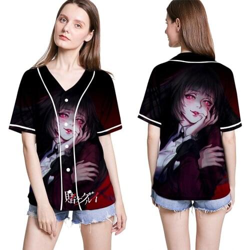 Kakegurui Baseball Jersey Anime Cosplay Jabami Yumeko 3D Print Short-sleeve T-shirt Loose Button Cardigan Tee Top Summer 2021