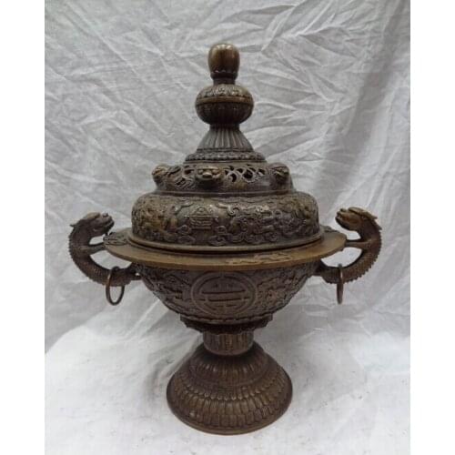 Bi002012 18" Tibet Bronze Buddhism Dragon Lion Head Statue Shou Incense Burner Censer