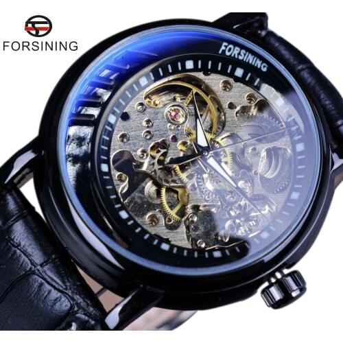 2016 Forsining Luxury Blue Glass Half Skeleton Design Genuine Leather Strap Men Watch Top Brand Luxury Black Case Skeleton Watch