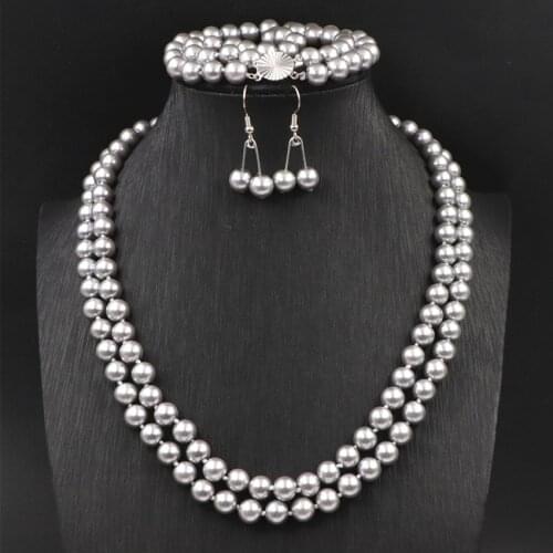 Grace Women 8mm Glass Pearl Beads Necklace Earrings Bracelet Jewelry Set Silver Color Round Simulated Pearls Charms Sets A626