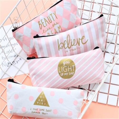 Small fresh Crystal Pink Stripe canvas bag stationery Japan large capacity of school students creative material escolar pen case