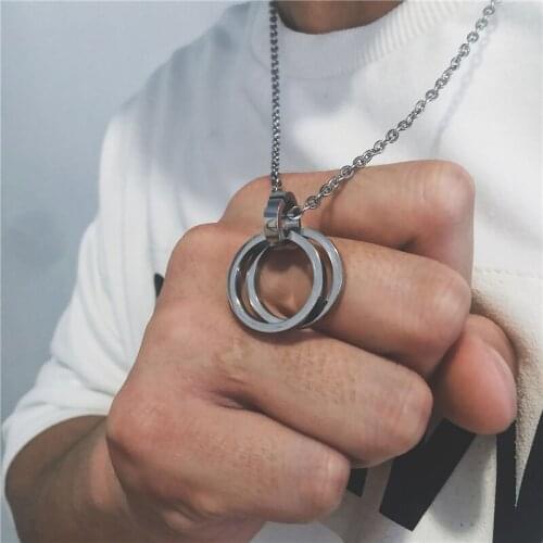 Lovers Necklaces Korean Hip Hop Necklace Simple Sweater Steel Chain Double Ring Pendant Trendy Male Statement Accessories Gift