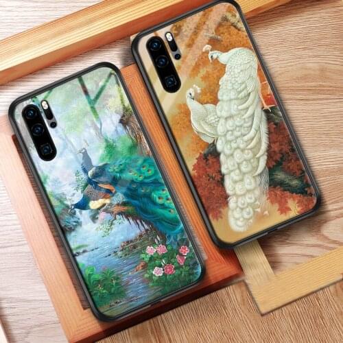 Peacock Flower Series For Huawei Mate 30 Case Tempered Glass Case for Huawei Mate 9 10 Pro P10 P20 P30 Honor V9 V10 Play Nova 3e