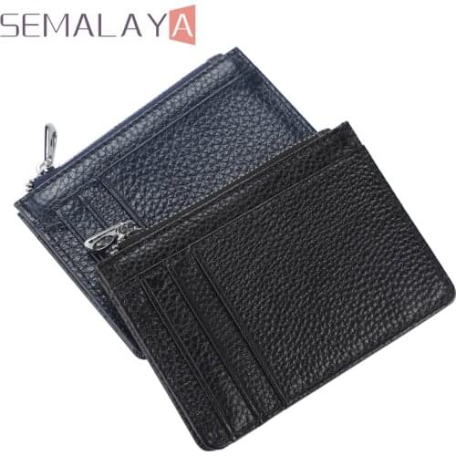 SEMALAYA Mini Slim Zipper Coin Wallet For Men Credential Holder Thin Card Sleeve Cowhide Card Holder Coins Wallet Leather