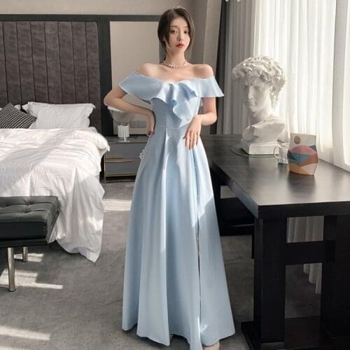 Pearls Mesh Satin Lace Up Bridesmaid Dresses V-Neck Long Spaghetti Strap Bridesmaid Dress For Wedding Party 2021 New Blue Dress
