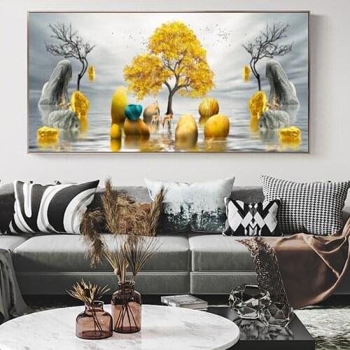 Modern Golden Abstract Art Golden Tree and Stone Pictures Painting Wall Art for Living Room Home Decor (No Frame)