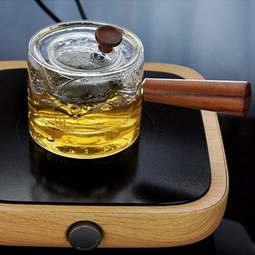 450ML Glass Teapot Safe Wood Handle Teapot Thickened Heat-resistant Glass Kettle Side Handle Flower Teapot with Removable Infuse