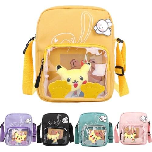 Pokemon Pikachu Transparent Canvas Bag Female 2021 Summer New Anime Cartoon Messenger Nylon Small Square Shoulder Bag