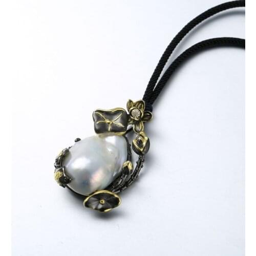 S925 Sterling Silver Baroque Shaped Natural Pearl Electric Black Yellow Craft Vintage Thai Silver Pendant Factory Wholesale