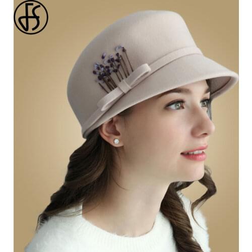 FS Elegant Fedora Hat For Women Wool Wide Brim Black Pink Winter Felt Hats Fashion Ladies Cloche Hat Church Chapeau Wholesale