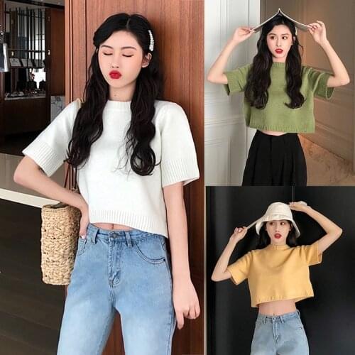 3Colors Women Summer Knitted Short T-shirts Short Sleeves Round Neck Casual Solid Color Korean Sweet Tee
