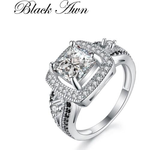 [BLACK AWN] Luxury Genuine 100% 925 Sterling Silver Jewelry Black&White Stone Classic Wedding Rings for Women Bijoux C247