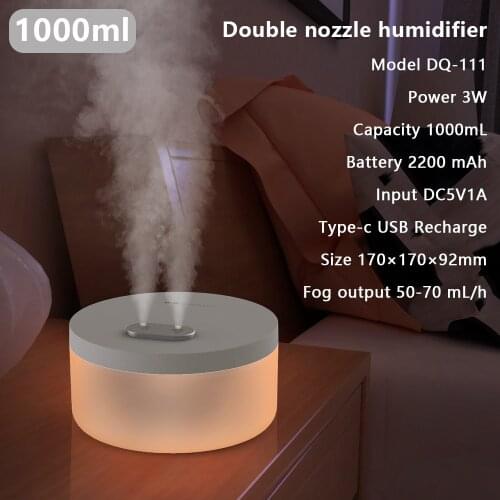 1000ML Aroma Diffuser Light Fogger Large Capacity Dual Spray 2200mAh USB Wireless Rechargeable Ultrasonic Air Humidifier