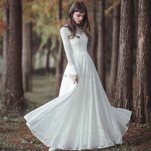 10244 white lace simple O-neck natural full-sleeves A-line floor-length wedding dresses/formal gowns zipper back free shipping