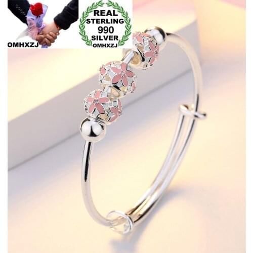 OMHXZJ Wholesale European Fashion Woman Girl Party Wedding Gift Flower Beads Resizable 925 Sterling Silver Cuff Bangle BA13
