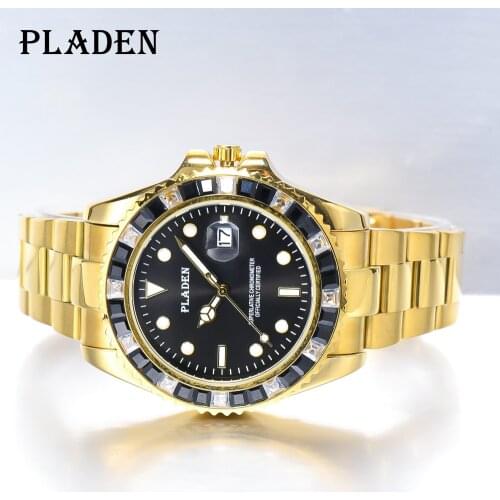 PLADEN NEW Men Watch Luxury Diamond Bezel Quartz Watches Sapphire Glass Stainless Steel Dive Male Clock golden Relogio Masculino