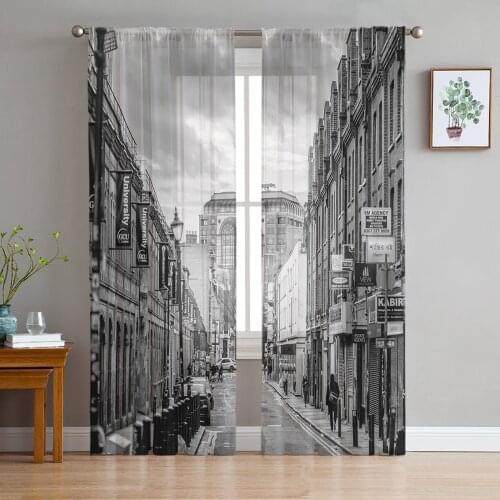Black And White London Street Sheer Curtains for Living Room Bedroom Kitchen Chiffon Tulle Curtains Home Hotel Coffee Decor