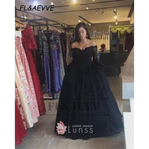 2021 Black Evening Dress Mordern Lace A Line Off-The-Shoulder Long Sleeves Floor Length Lace Up Back Evening Prom Party Gowns