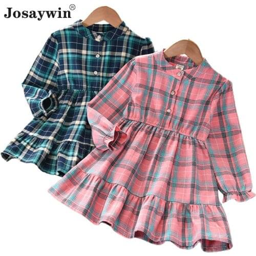 Children Clothes Dress for Girls kids Baby Autumn Teenager Long Sleeve Plaid Girls Dresses Turn-down Collar Shirt Dress Vestidos