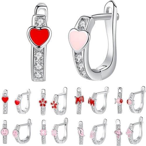 ELESHE Real 925 Sterling Silver Hoop Earrings Red & Pink Clover Heart Flower Zircon Earrings for Children Girls Kids Jewelry