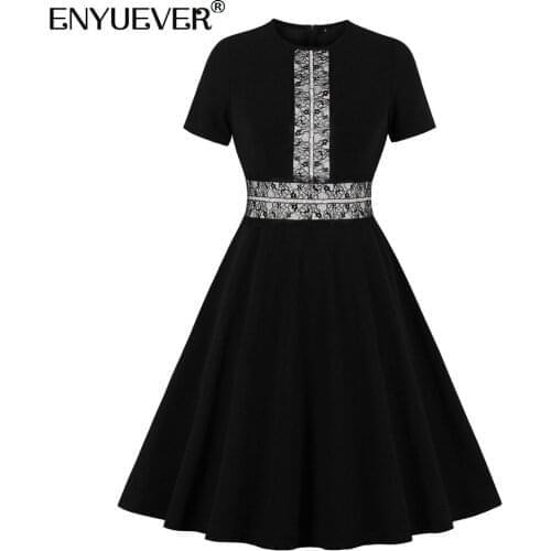 Enyuever Elegant Black Women Dress Summer Clothes Lace Patchwork Short Sleeve Robe Pin Up Swing High Waist Office Ladies Dresses
