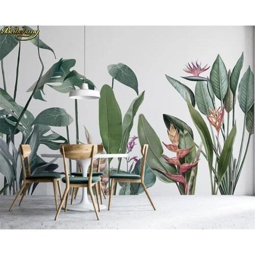 Beibehang Custom wall paper mural nordic hand painted small fresh tropical plant flowers and birds background mural 3d wallpaper