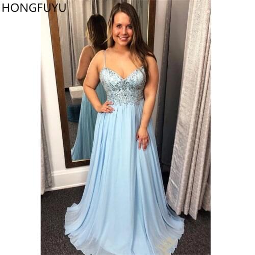 HONGFUYU Spaghetti Straps Light Blue Chiffon Prom Dresses Empire Waist Beading Vestido De Festa Long Formal Evening Grad Dress