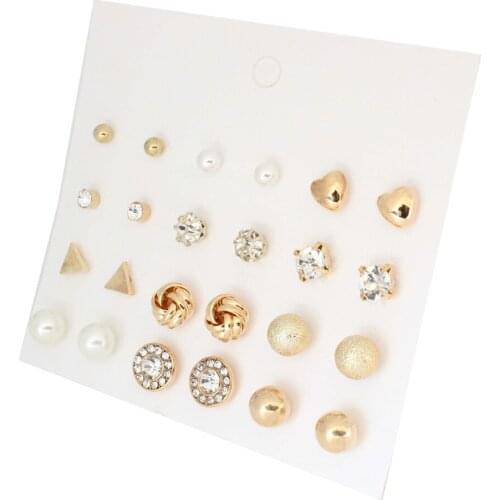 12 Pairs/Set Round Alloy Ball Pearls Rhinestone Flowers Stud Earrings Set Hot Selling Small Pierced Earrings Set For Women