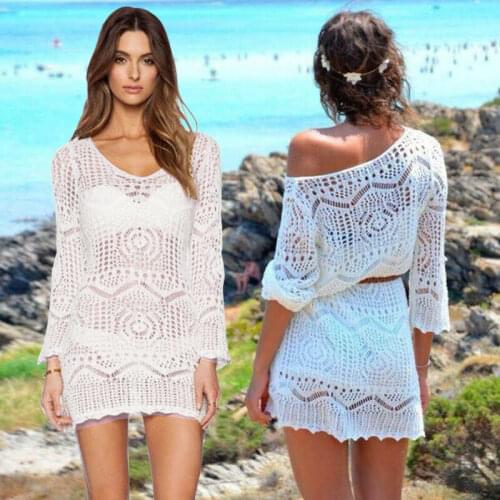 Summer New Elegant Sexy Women Lace Blouses Crochet Bikini Cover-Ups Swimwear Bathing Suit Half Sleeve Beach Dress