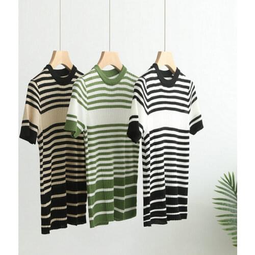 2021 Summer Women T-shirt Tencel Wool Knitted Short Sleeve O-neck Pullovers Korean Style Slim Stripe Sweater Female Tops