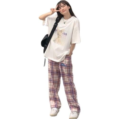 Fashion 2 Piece Sets Womens Outfits Summer 2021 Short-Sleeved T-Shirt + Sports And Leisure Plaid Wide-Leg Pants Suit Trend