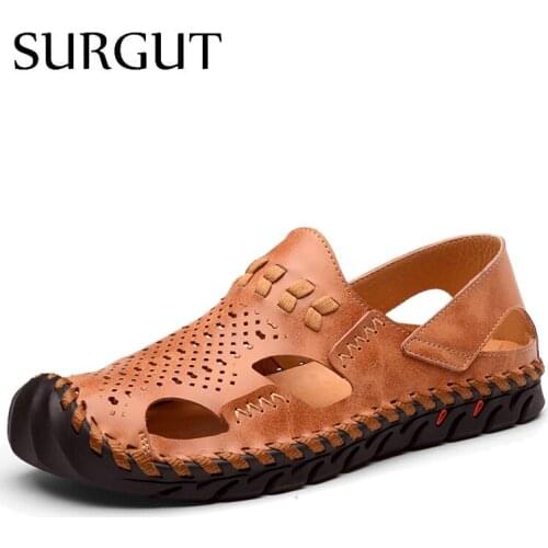 SURGUT Brand Hot Sale Men Sandals Sewing Slip-on Ankle-Wrap Genuine Leather Leisure Driving Shoes Men Beach Shoes Casual Shoes