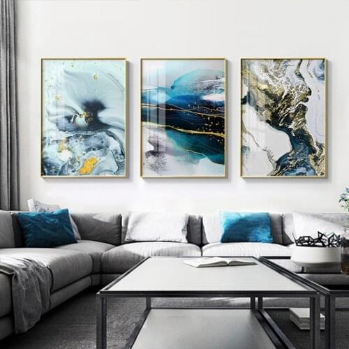 Chinese Style Ink Abstract Blue Quicksand Mountain Landscape Canvas Painting Living Room Poster Wall Picture Scandinavian Decor