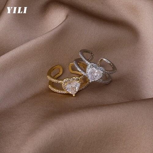 2021 New Korean Zircon Heart Open Ring Fashion Exquisite Cute Love Opening Ring for Women Girls Unusual Party Jewelry