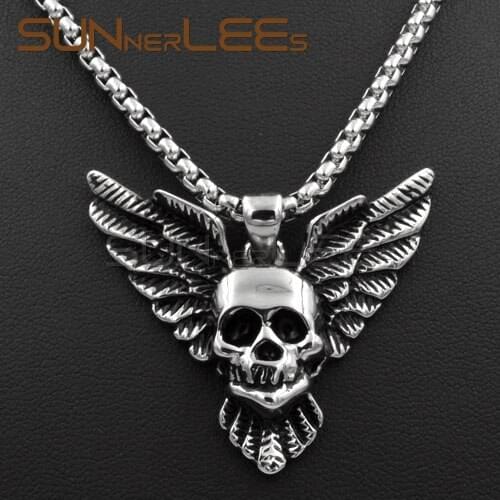 SUNNERLEES NEW Fashion Jewelry Stainless Steel Punk Wings Skull Pendant Necklace Link Chain For Mens Womens SP06