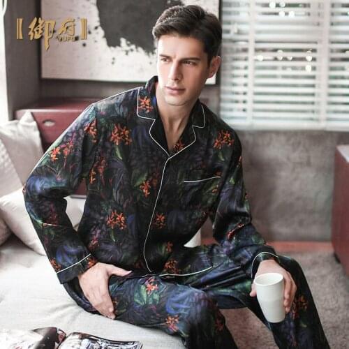 The royal house of silk pajamas men long sleeve two suit black 100% mulberry silk pajamas printed silk household to take