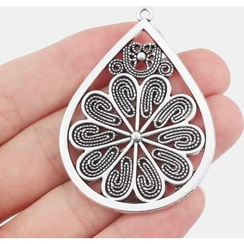 5PCS Antique Silver Color Hollow Flower Heart Shape Charms Pendants For Jewelry Making DIY Necklace Handmade Craft 58*42mm