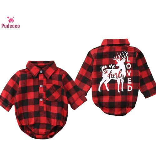 Pudcoco Plaid Romper Toddler Kids Baby Boys Girls Jumpsuit Christmas Deer Printed Shirt Bodysuit 0-18 Month One Piece Suit