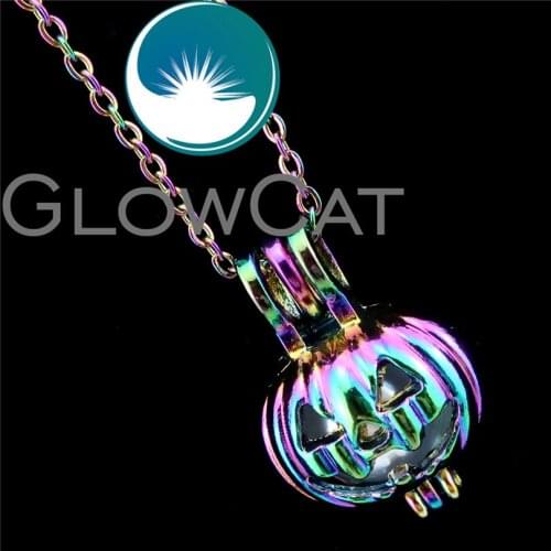 R-C389 Rainbow Colors Pumpkin Lantern Beads Cage Pendant Essential Oil Diffuser Aromatherapy Pearl Cage Locket Necklace