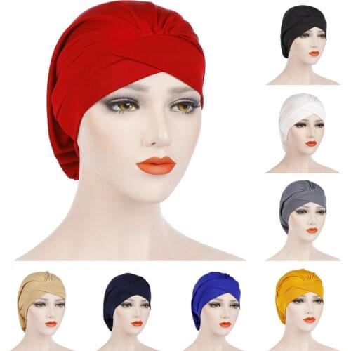 New Stretch Nightcap Forehead Cross Pleated Indian Muslim Women Beanie Chemo Cancer Bonnet Head Cover Wrap Headscarf Hats Plain