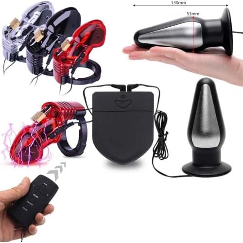 Wireless Remote Electric Shock Male Chastity Cock Cage Ball Stretcher,Electro Stimulation Big Anal Plug Penis Ring BDSM Sex Tool