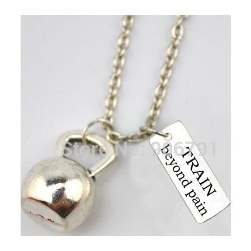 10pcs a lot sports Kettle bell with rectangular TRAIN beyond pain charms Fitness Weightlifting Gym necklace