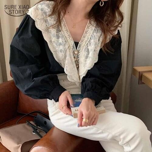 Vintage Causal Shirt V-neck Women Tops Gentle Lantern Sleeve Ruffle Blouse Korean Fashion Loose Lace Blouse Blusas Elegant 16962